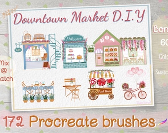 Procreate brushes Stamp Cozy Downtown Market builder DIY, Architecture,Home,House,Kiosk,Store,Shop,Flower,Bakery,Coffee,free color palette