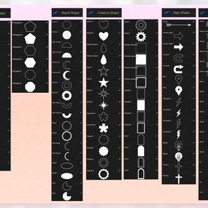 May include: A black and white chart with different geometric shapes, including squares, circles, triangles, stars, arrows, and waves. The chart is divided into five sections: Angle Shape, Round Shape, Creative Shape, Sign Shape, and Freeform Shape.