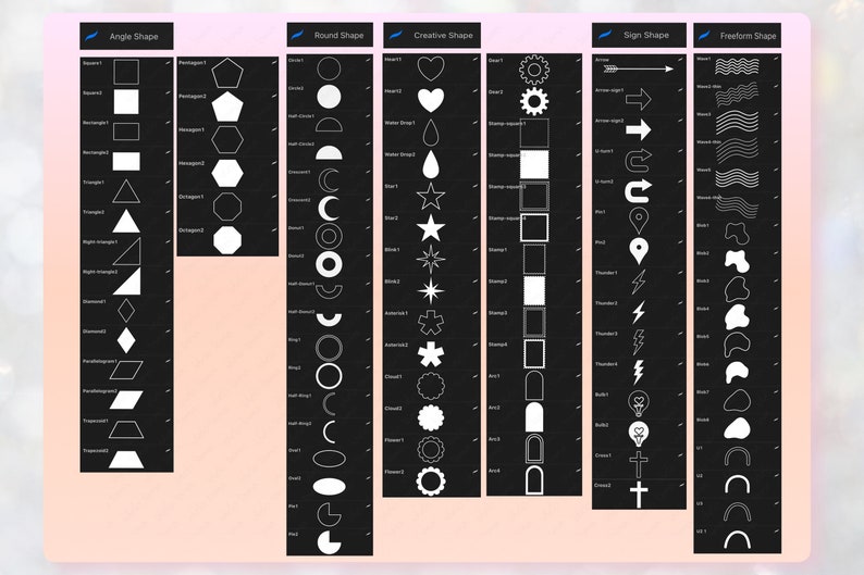 May include: A black and white chart with different geometric shapes, including squares, circles, triangles, stars, arrows, and waves. The chart is divided into five sections: Angle Shape, Round Shape, Creative Shape, Sign Shape, and Freeform Shape.