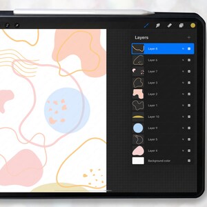 May include: A digital illustration of abstract shapes in pink, peach, yellow, and blue on a white background. The image shows the layers of the illustration in a digital art program.