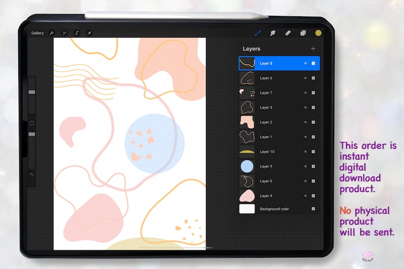 May include: A digital illustration of abstract shapes in pink, peach, yellow, and blue on a white background. The image shows the layers of the illustration in a digital art program.