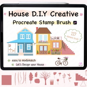 May include: Digital art illustration of a tablet displaying a Procreate stamp brush set for house design. The image features two colorful house illustrations, additional design elements, and text that reads "House D.I.Y Creative Procreate Stamp Brush".