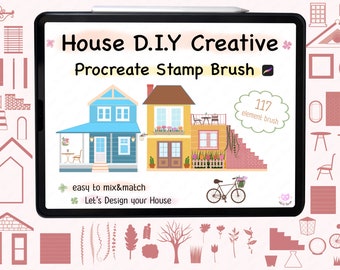 House builder DIY design Procreate Brush stamp,mix@match,building,architecture,digital brush,element,garden,Home,creative,village,gift idea