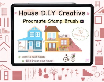 House builder DIY design Procreate Brush stamp,mix@match,building,architecture,digital brush,element,garden,Home,creative,village,gift idea