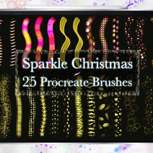 May include: A digital tablet screen showing 25 Procreate brushes with a black background. The brushes are sparkly and feature various Christmas-themed designs, including stars, hearts, circles, and swirls. The text "Sparkle Christmas 25 Procreate Brushes" is displayed in the centre of the screen.