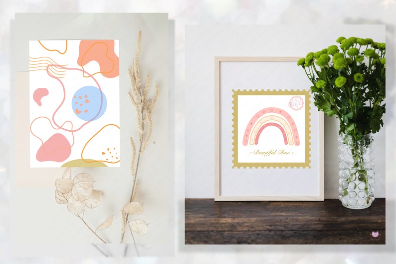 May include: Two framed prints with abstract designs. The first print features a white background with pink, blue, and orange abstract shapes and lines. The second print features a white background with a pink and white rainbow with the text "Beautiful Time" in gold lettering.
