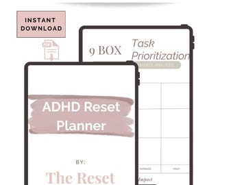 Puede incluir: Planificador digital de reinicio de TDAH con un diseño rosa y blanco. El planificador incluye secciones para la priorización de tareas y está disponible para descarga instantánea. El planificador es de The Reset Studio y tiene 3 páginas.