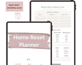 May include: Digital home reset planner with a minimalist design. The planner includes a master list for daily, weekly, and monthly tasks. The text "Home Reset Planner" is displayed prominently. The planner is from "The Reset Studio" and is an instant download.