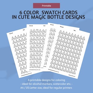 Può includere: Sei schede di campioni di colore stampabili con simpatici disegni di bottiglie magiche. Le schede sono bianche con disegni a tratteggio neri di bottiglie. Il testo "Printable" è in un rettangolo marrone. Il testo "6 COLOR SWATCH CARDS IN CUTE MAGIC BOTTLE DESIGNS" è in nero.