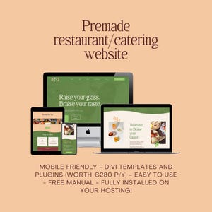 Könnte beinhalten: Digitales Mockup einer vorgefertigten Restaurant-/Catering-Website, angezeigt auf einem Desktop-Computer, Tablet und Smartphone. Das Website-Design verfügt über ein grünes und weißes Farbschema mit Food-Fotografie. Der Text enthält "Raise your glass. Braise your taste."