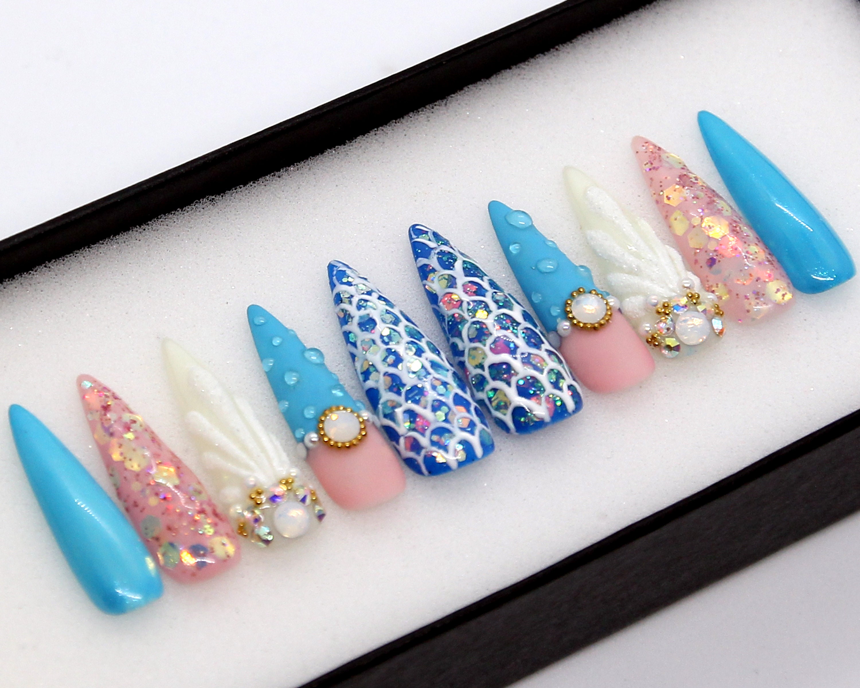 Ocean Treasure Set Glue On Nails Coffin Summer Press On | Etsy