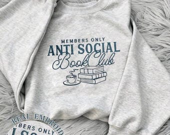 Anti-Social Book Club Embroidered Jumper: Grey Crew Neck Sweatshirt