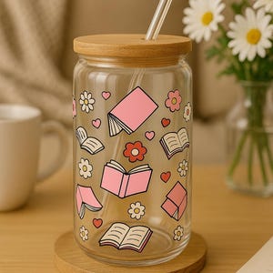 Book Lovers Beer Can Glass, 16oz Beer Can Glass with Bamboo Lid and Glass Straw, Book Themed Pink Libbey Glass, Book Merch, Book Lovers Gift