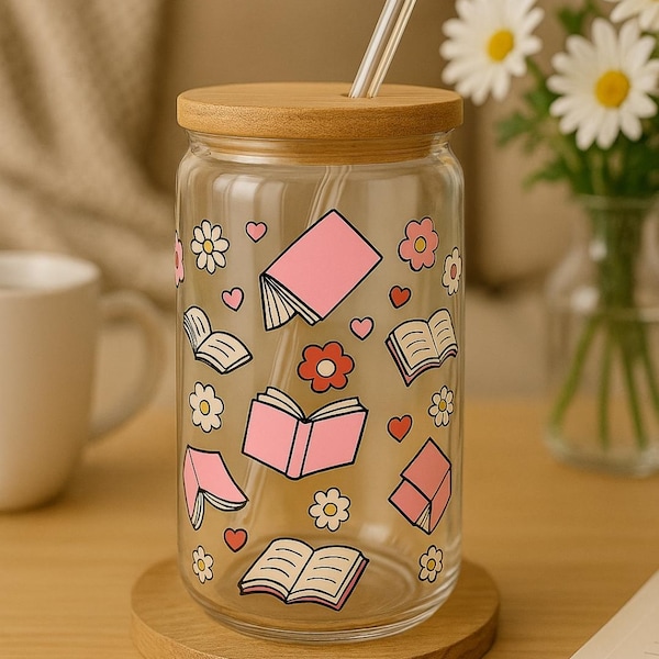 Book Lovers Beer Can Glass, 16oz Beer Can Glass with Bamboo Lid and Glass Straw, Book Themed Pink Libbey Glass, Book Merch, Book Lovers Gift