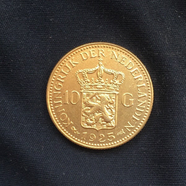 Exquisite Wilhelmina *1925* 10 Guilders - Gold plated / Netherlands Coin / Old Head