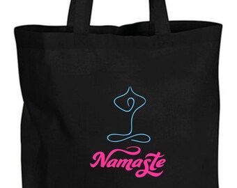 Bolsa de mano sostenible 100 % algodón - Namaste - Estampada a mano - Extra grande, base reforzada - Asas largas - 10 L - Bolsa para despedida de soltero/a - Regalo