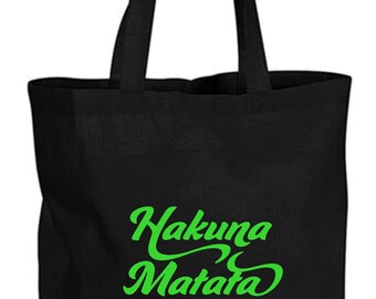 Bolsa de mano sostenible 100 % algodón - Hakuna Matata - Estampada a mano - Base extragrande con fuelle - Asas largas - Bolsa de 10 L - Regalo