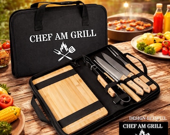 Juego de utensilios para barbacoa personalizado de 6 piezas con mangos de madera – bolsa estampada – regalo para hombres, Día del Padre, Papá en la parrilla, juego de barbacoa, santo