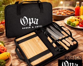 Juego de utensilios para barbacoa personalizado de 6 piezas con mangos de madera – bolsa estampada – regalo para hombres, Día del Padre, Papá en la parrilla, juego de barbacoa, santo