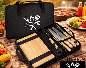 Juego de utensilios para barbacoa personalizado de 6 piezas con mangos de madera – bolsa estampada – regalo para hombres, Día del Padre, Papá en la parrilla, juego de barbacoa, santo