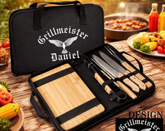 Juego de utensilios para barbacoa personalizado de 6 piezas con mangos de madera – bolsa estampada – regalo para hombres, Día del Padre, Papá en la parrilla, juego de barbacoa, santo