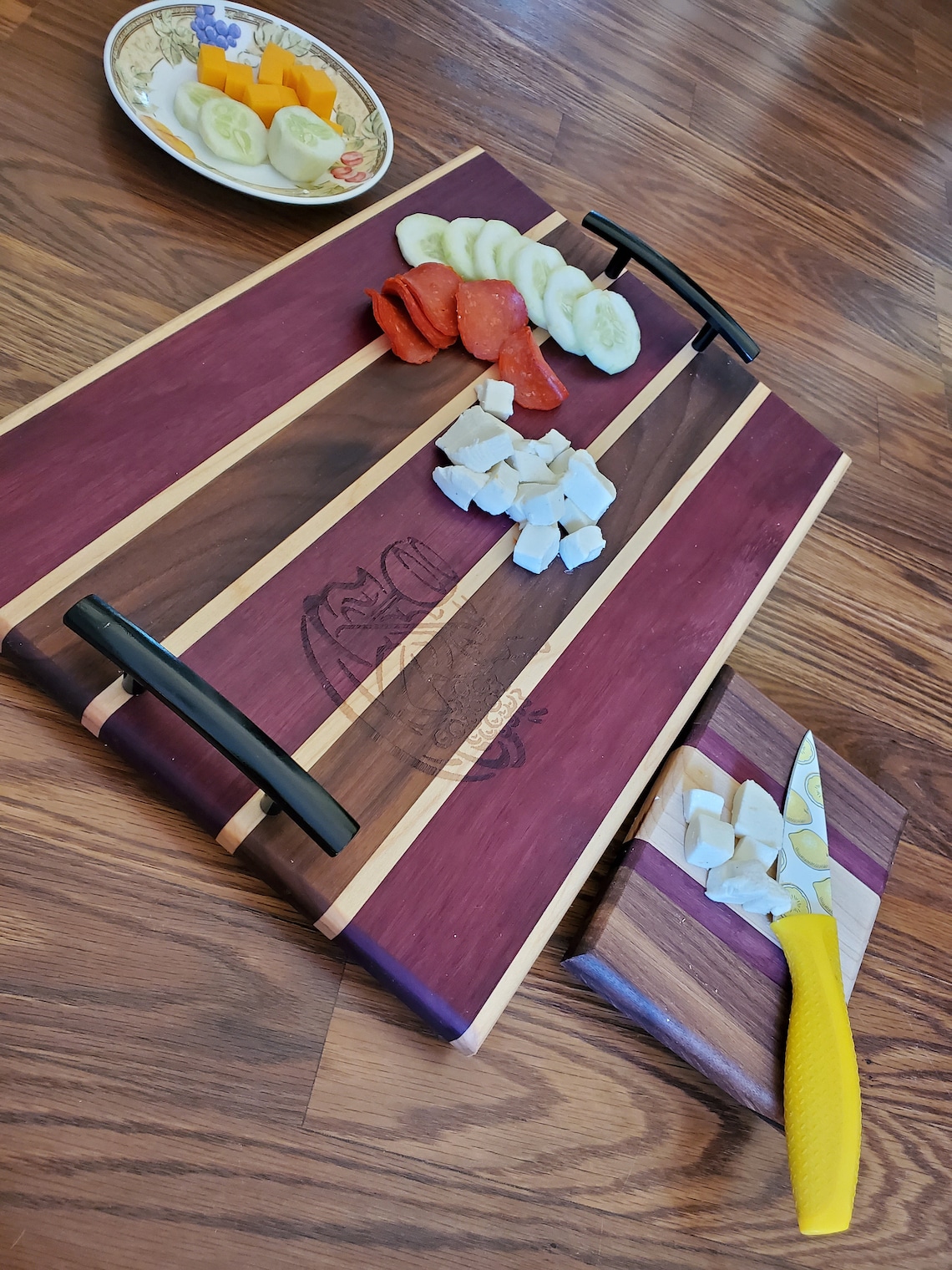 Wooden Charcuterie Board With Handles Exotic Wood Purpleheart & Walnut