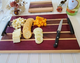 Wooden Charcuterie Board With Handles; Exotic Wood Purpleheart & Walnut And Maple Strip; Laser Engraved; Birthday And Holiday Gift