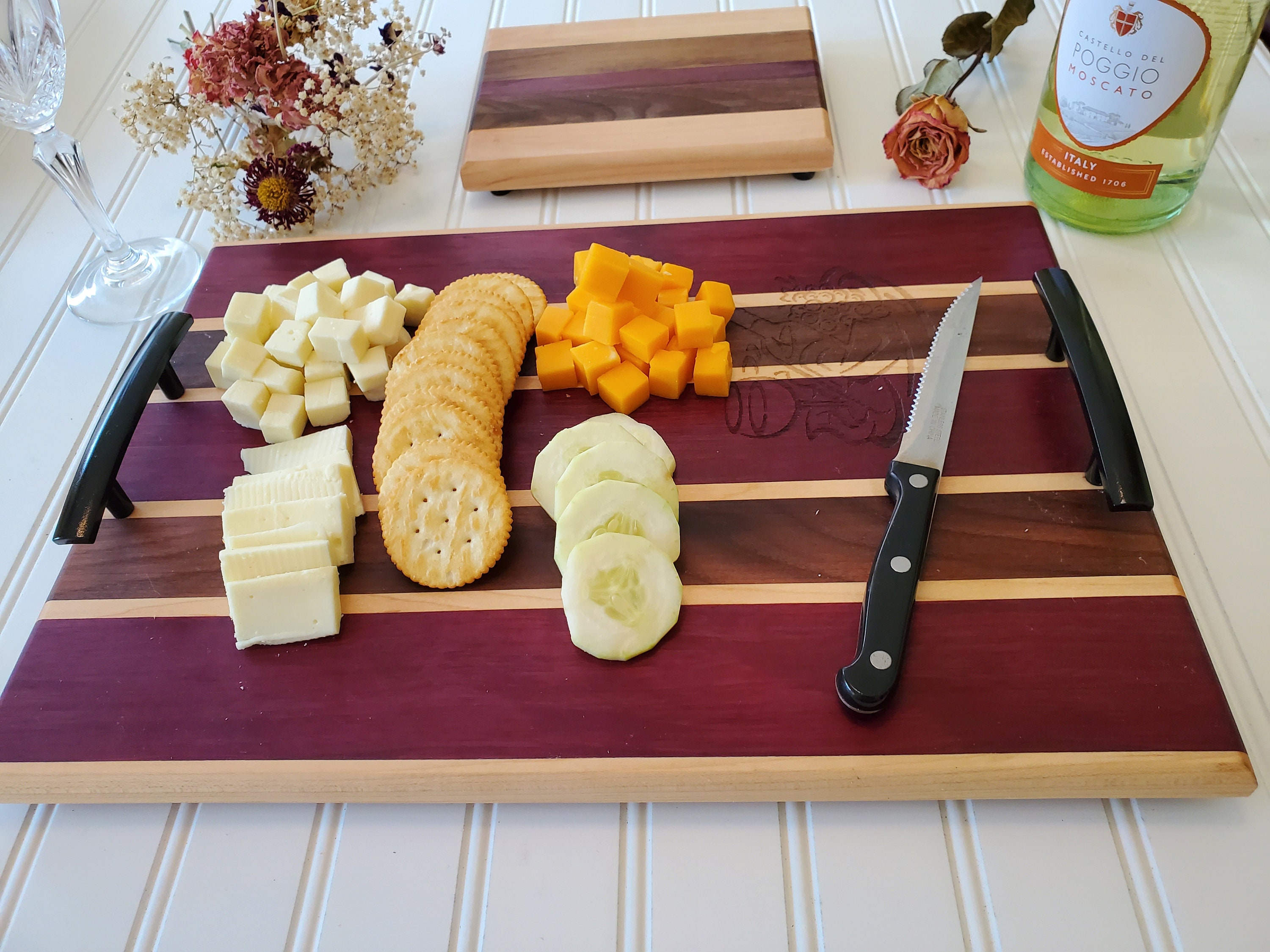 Wooden Charcuterie Board With Handles Exotic Wood Purpleheart & Walnut ...
