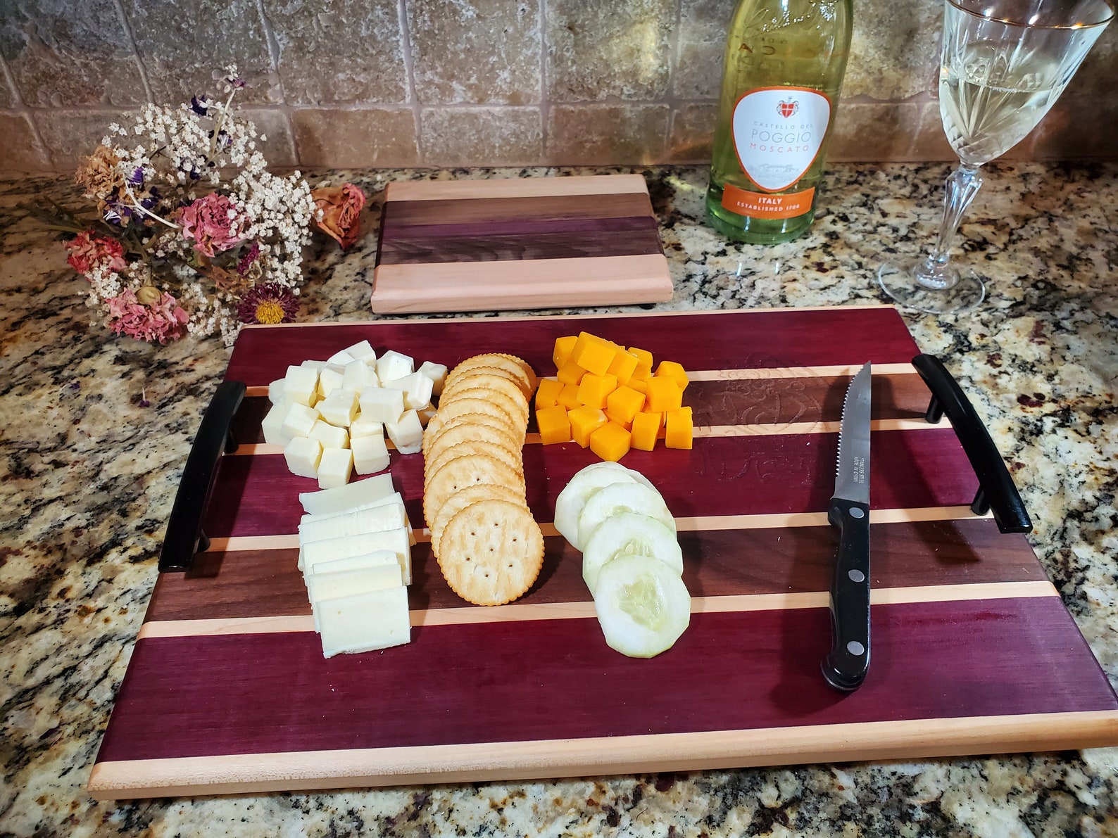 Wooden Charcuterie Board With Handles Exotic Wood Purpleheart & Walnut