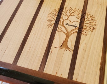 Wooden Charcuterie Board With Handles; Maple & Walnut; Laser Engraved Family Tree; Food Tray Or Cutting Board; Home Decor; Best Serve Food.