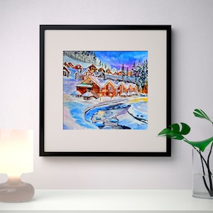 Pintura original Técnica de acuarela Invierno al aire libre Hermosas casas en las montañas Paisaje ucraniano Arte ucraniano Tienda ucraniana