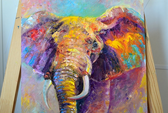 カラフルな象の油絵：現代動物壁アート（15x11インチ） - Etsy 日本