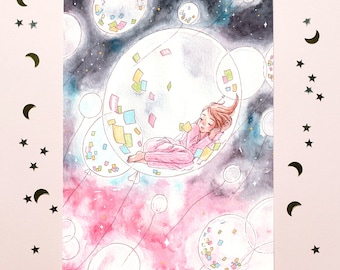 Balloon Dreams Watercolor Anime Art Print, Cute Art Print, Home Decor Wall Art