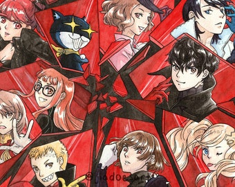 Może przedstawiać: Ilustracja akwarelowa przedstawiająca wiele postaci w stylu anime na czerwono-czarnym geometrycznym tle. Postacie mają różne kolory włosów i wyrazy twarzy. Grafika ma dynamiczną kompozycję z żywą paletą barw.