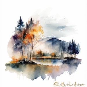 Watercolor Landscape Painting | Calming Colors | Lakes, Mountains and Trees | PRINTABLE Digital | 9/11