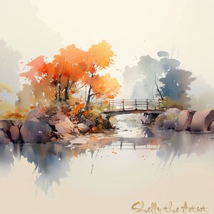 Aquarel landschapsschilderij | Rustgevende kleuren | Meren, bergen en bomen | AFDRUKBAAR digitaal | 2/4&quot;