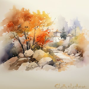 Aquarel landschapsschilderij | Rustgevende kleuren | Meren, bergen en bomen | AFDRUKBAAR digitaal | 3/4&quot;