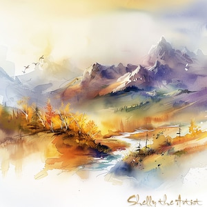 Watercolor Landscape Painting | Calming Colors | Lakes, Mountains and Trees | PRINTABLE Digital | 1/4
