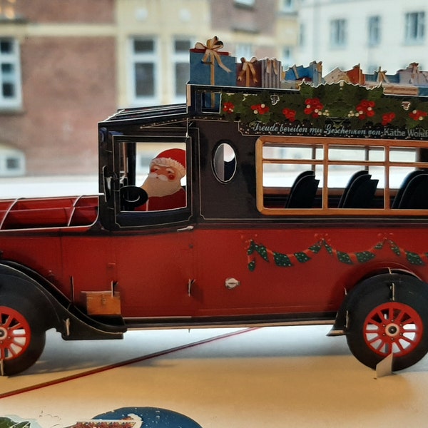 Santa in a Classic car, Christmas card, Handmade popup card