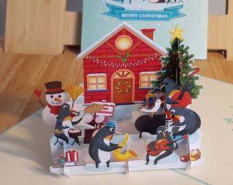 Christmas popup card, Penguins, Handmade