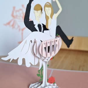 Popup-Karte für Hochzeitsfeier zu zweit, Verlobung, Champagner, Hochzeitstag, Jubiläum, handgemacht, Popup-Karte, 3D, Origami.