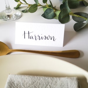 White textured hand written personalised name cards - wedding escort tent fold