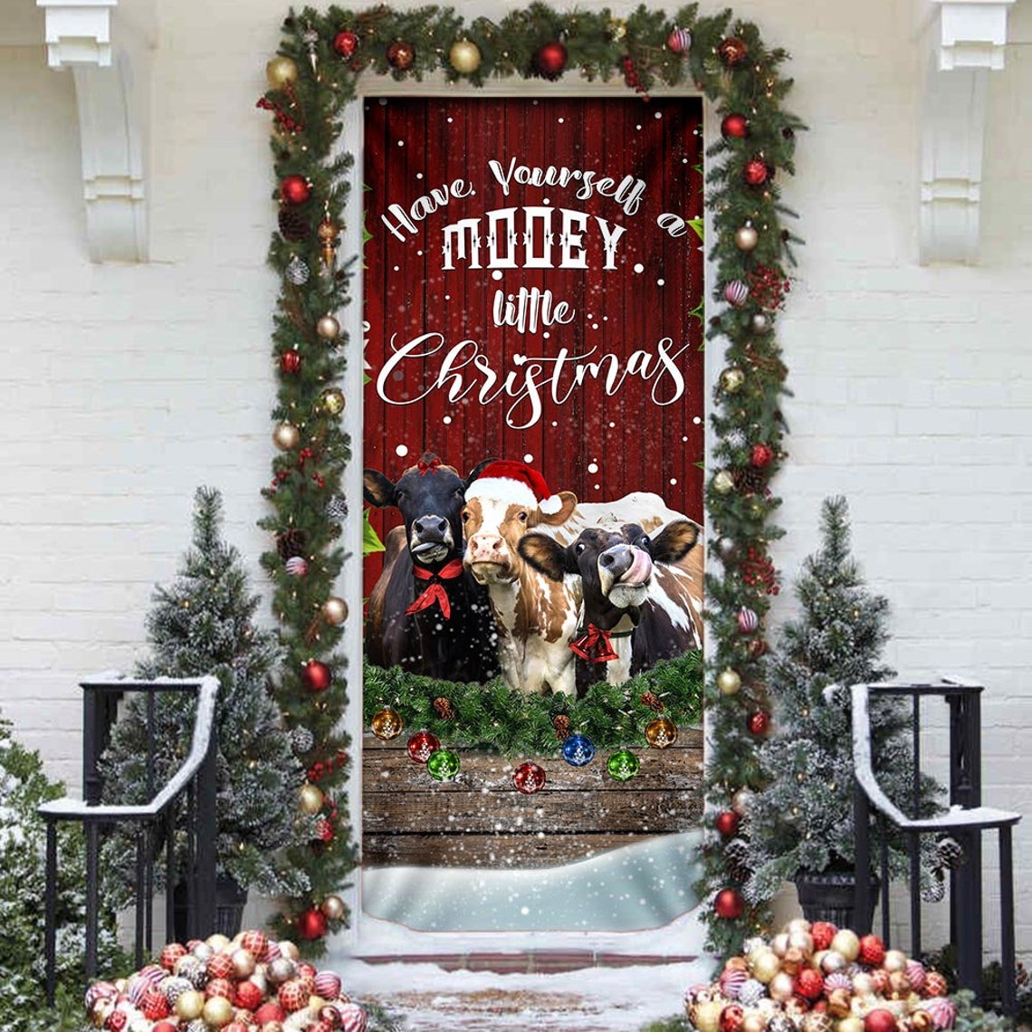Happy Cattle Christmas Holiday Door Cover Christmas Door Etsy