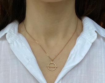 KC Gold Plated Geometric Necklace, Cute Circle Pendant, Fashion Minimal Jewelry, Bright Gold Color Chain, Disc Charm, Christmas Gift