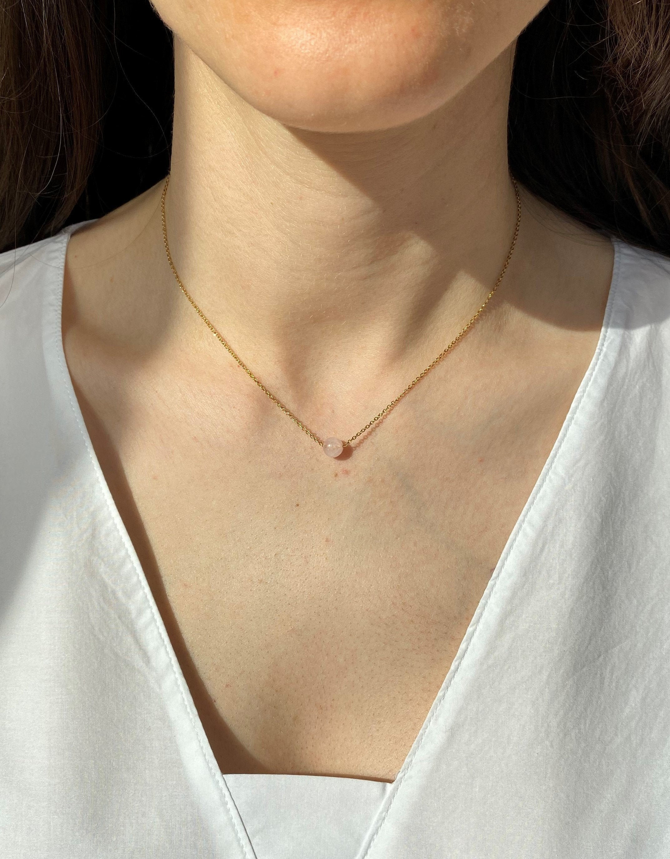 Rose Quartz Necklace, Tiny Gemstone Jewelry, Healing Stone Drop Penda…