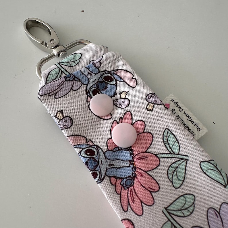 Handmade Disney themed fabric ear holder keyring - Disney floral Stitch image 4