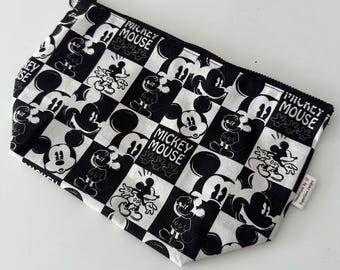 Handmade Disney themed cotton zipped pouch - Black and White Mickey Mouse