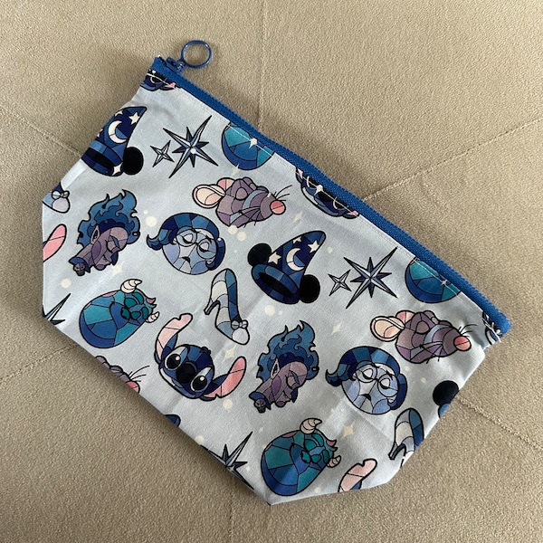 Handmade Disney themed cotton zip pouch - Disney 100 Colourful characters - blue