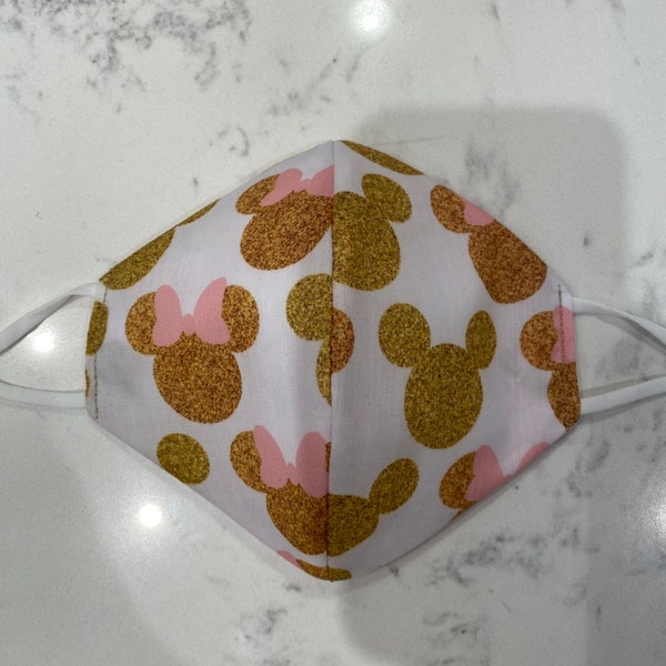 Handmade Disney Gold Mickey and Minnie reversible breathable face mask, triple layer cotton and soft elastic