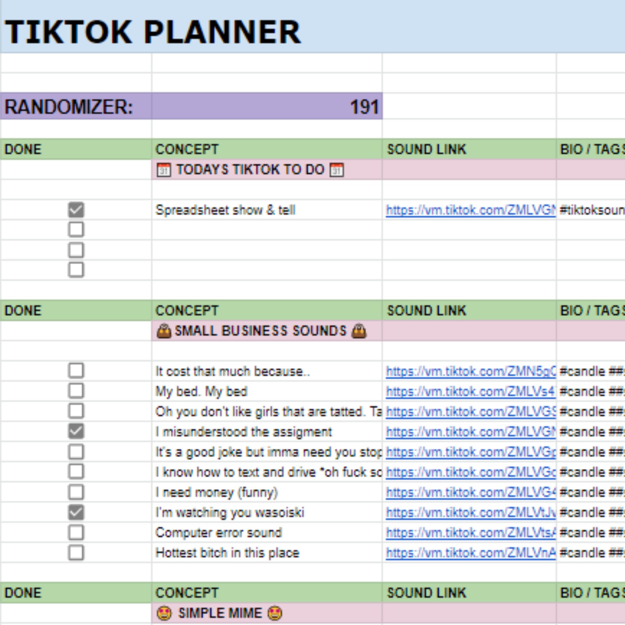 college assignment spreadsheet tiktok